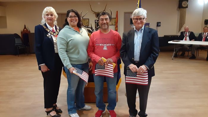 Newest Tucson Elks Lodge #385 members: February 28, 2023 (L-R)
ER Susan Trecartin, Thamara Ramirez, Ray Diaz (proposed by L. Ruiz),  installed member for Ohio Lodge #1197 James Evans.