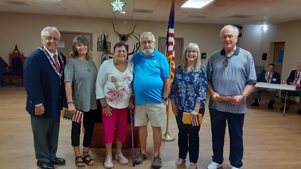 August 15, 2023, new members (NM):  L-R: Proposer John Aceves, NM Debbie Arnold, NM Deborah Johnston, (proposer, 
Gerald De Roche), NM, Teri Luna (proposer Warren Jacks), NM, Patrick Richardson, (proposed by Art Martinez). 