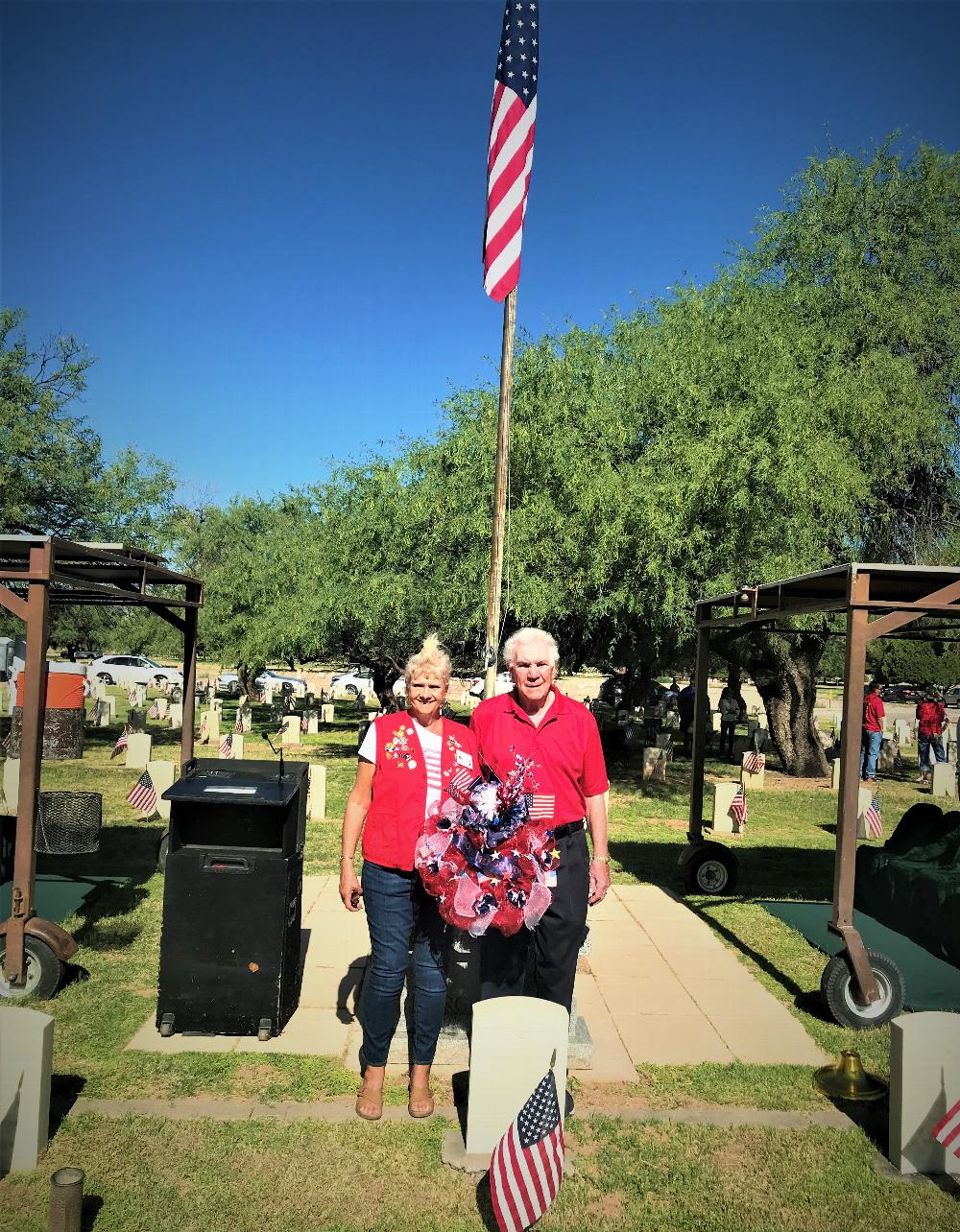 Tucson AZ #385 ER Susan Trecartin and member Wayne Thompson laying wreath at Evergreen Cemetery honoring and remembering our veterans who gave their life for our freedom. May 30, 2022
