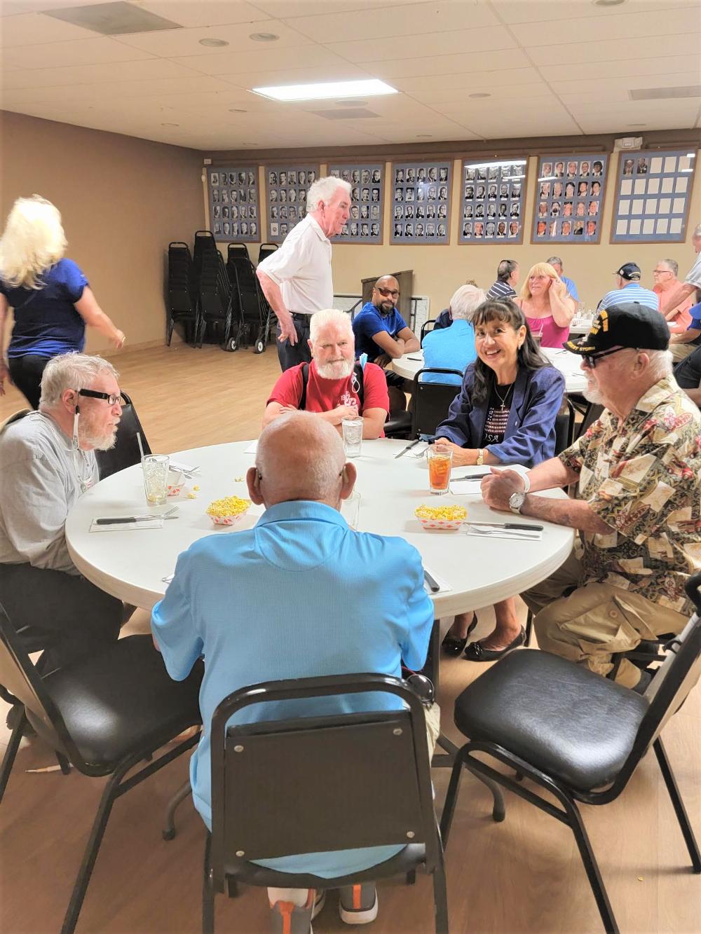On May 25th, 2022, the Tucson AZ Elks Lodge #385 had 17 veterans arrive from the Tucson VA Blind Rehab Center for an amazing dinner of Country Fried Steak, mash potatoes, chocolate cake brownies for dessert. 

In photo at table and standing are members M. Megerle, W. Thompson and L. Ruiz