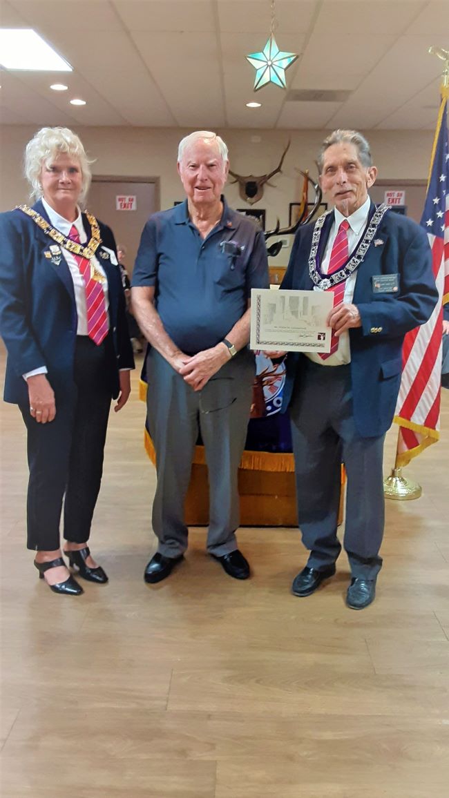 ER Susan Trecartin,  Bob Holyoak (Lodge ENF Chair/PER) presenting (PER)/Tyler, Walter Lewandowski a certificate from ENF for being a $1000.00 donor
