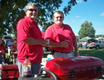 Mike Hawkins and Phil Hendrix overseeing the grill at the Elks Lodge tailgate.