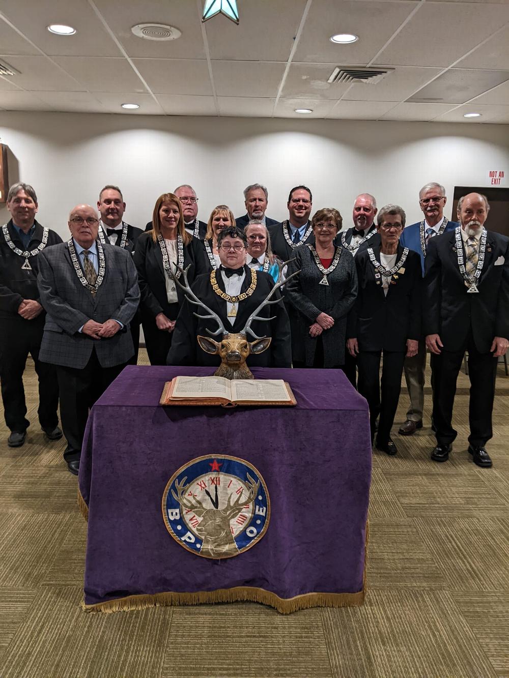 2022-2023 Officers
Front Exalted Ruler Nancy Loy
Jim Loy Trustee, Lynn Berkoben-Lecturing Knight, Roni Sue Stevens-Secretary, Louella Gauger-Loyal Knight, Arleen Walter- Treasurer, Dorothy Szurlej- Inner Guard, Lenny Fulmer-Trustee
 Derek Kerfoot-Trustee, Craig Stevens-Trustee, Bill Fabrizi-PER, Justin Onederick-Leading Knight, Wade Gauger-Chaplain, John Besseck-Trustee