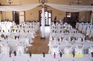 Hall decorated for a wedding.