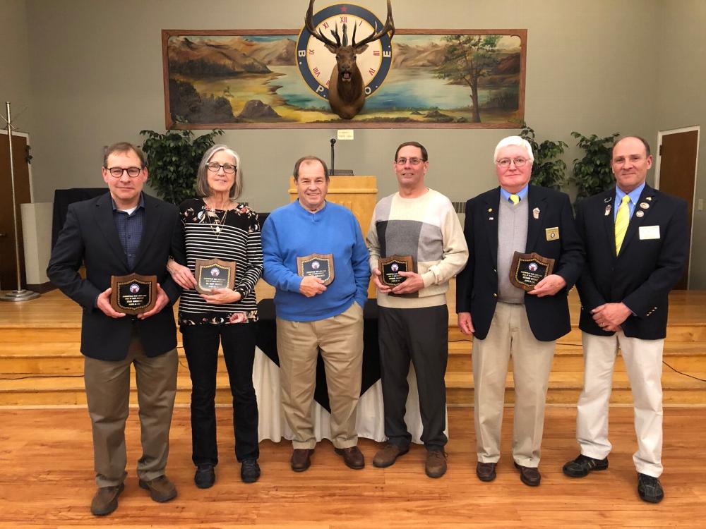 2019 Hall of Fame Inductees:  L-R:  Jeff Andrews accepting for Dean Andrews, Margaret Wagner accepting for Gary Wagner, Don Schillinger, Mike Elliott and Rich Withee. With Exalted Ruler Doug Sills