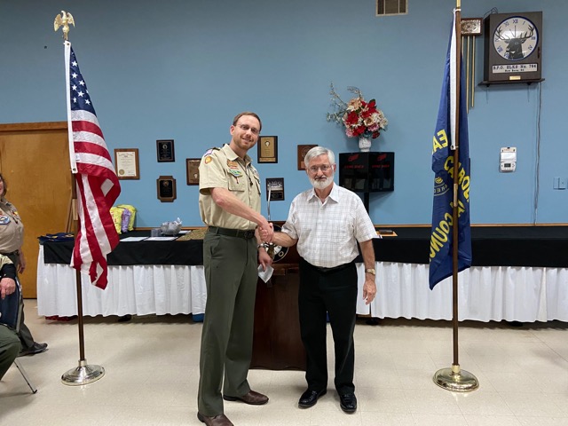 A check for $500.00 was recently presented to Dr William (Chris) Taylor of the East Carolina Council BSA by Exalted Ruler Dale Petrangelo of the New Bern Elks Lodge # 764 at a scouting event hosted at the Elks Lodge.
