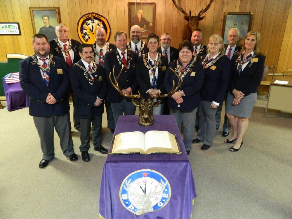 2016-2017 Officers (two Trustees missing)
Left to right:  Robert Morgan Inner Guard, Dave Woods Esquire, Mike Chidster Leading Knight, Mike Key Tiler, Roy St Clair Trustee, Scott VanHooser Loyal Knight, Marcia Burnett Exalted Ruler, Danny Wood Trustee, Mona Brown Lecturing Knight, Robert Brown Chaplain, Kathy Smith Secretary, Robert Kilby Trustee, and Debi Ingram Treasurer.