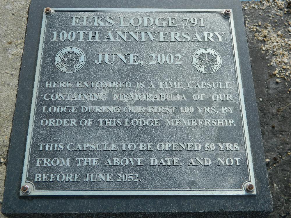 Time capsule at Hall entrance.  Commemoration of the 100th anniversary of the lodge.