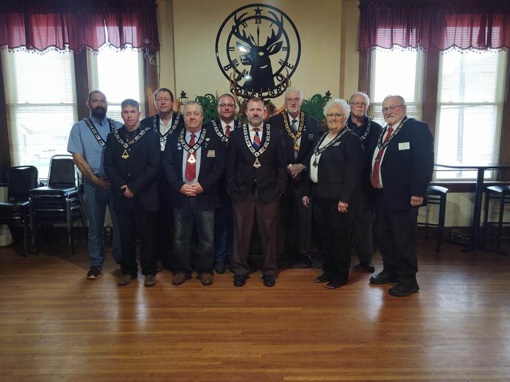 2021/22 Officers Left to right: David Chappell-1 year Trustee, Rickey Foster-Tiler, Jerry Korody-Lecturing Knight, David McGinness-Esquire, Matt Roberts-Loyal Knight, Nate Meservey-Treasurer, Harry Kately-Exalted Ruler, Ann Davis-Chaplin, Marvin Humpherys-3 year Trustee, Kenny Davis-Inner Guard.
Not Pictured: Shawn Oliver-Secretary