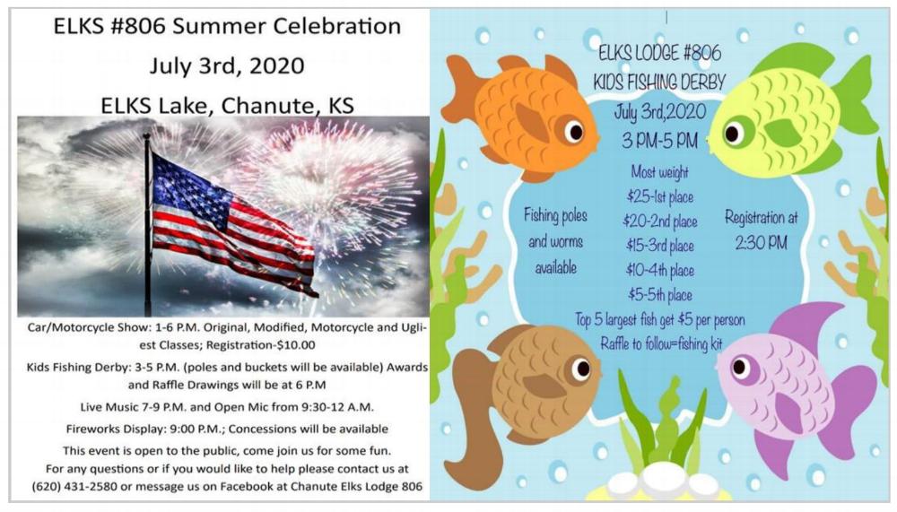 Elks 806 Summer Celebration & Fishing Derby; Friday, July 3rd.