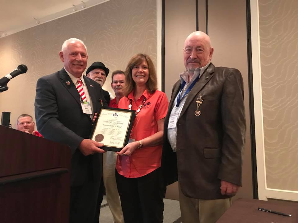 Grand Lodge Certificate received by Susan Ford, Secretary. Pictured: John Amons, PGER; Ed Salazar, PSP; Duke Lane,PDDGER; Chuck Williams, PGER