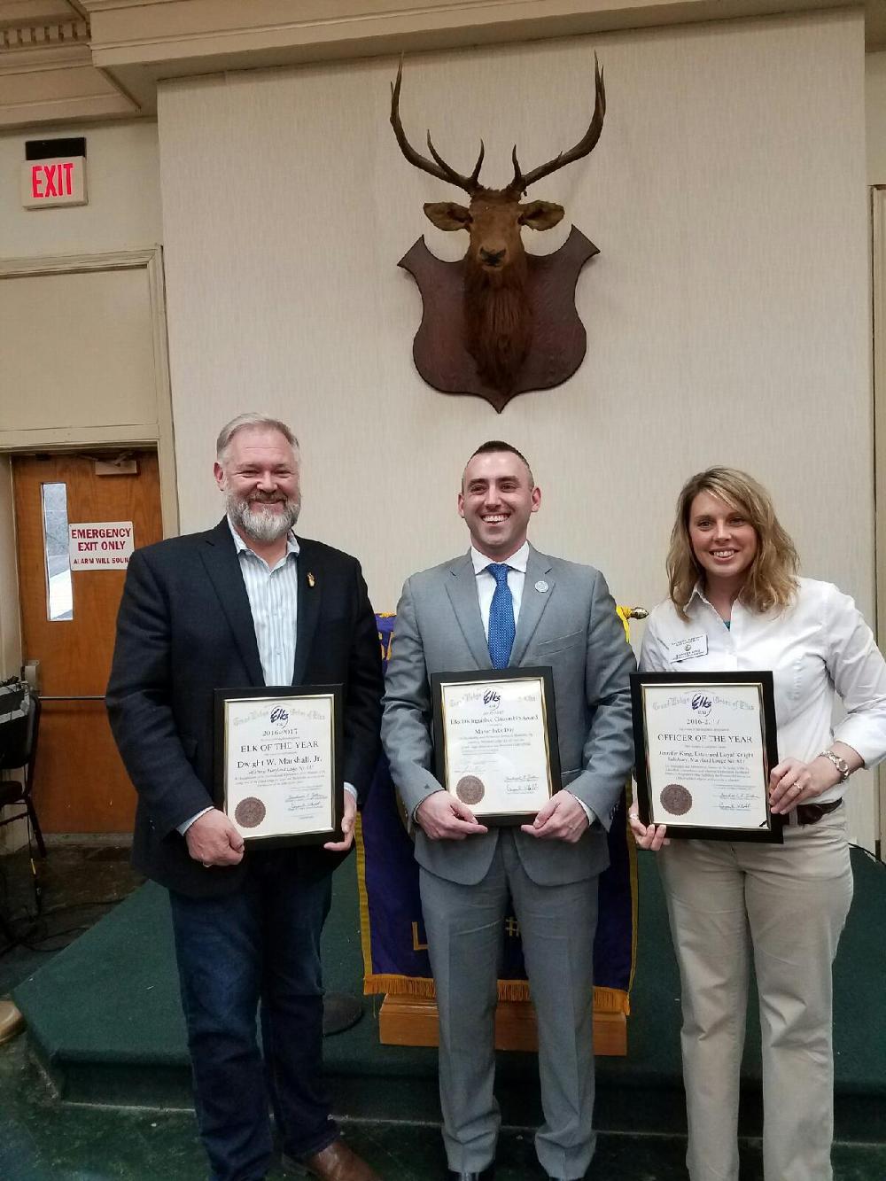 Our Award winners. Elk of the Year - Duke Marshall, Citizen of the Year - Mayor Jake Day, Officer of the Year - Jennifer King.