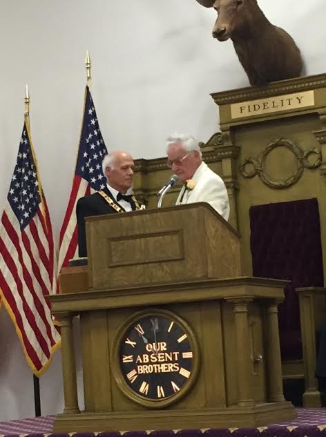 Grand Exalted Ruler Lawrence Violante, PER bestowing ceremonial jewels on his son, incoming Exalted Ruler Mark Violante.
- April 2016