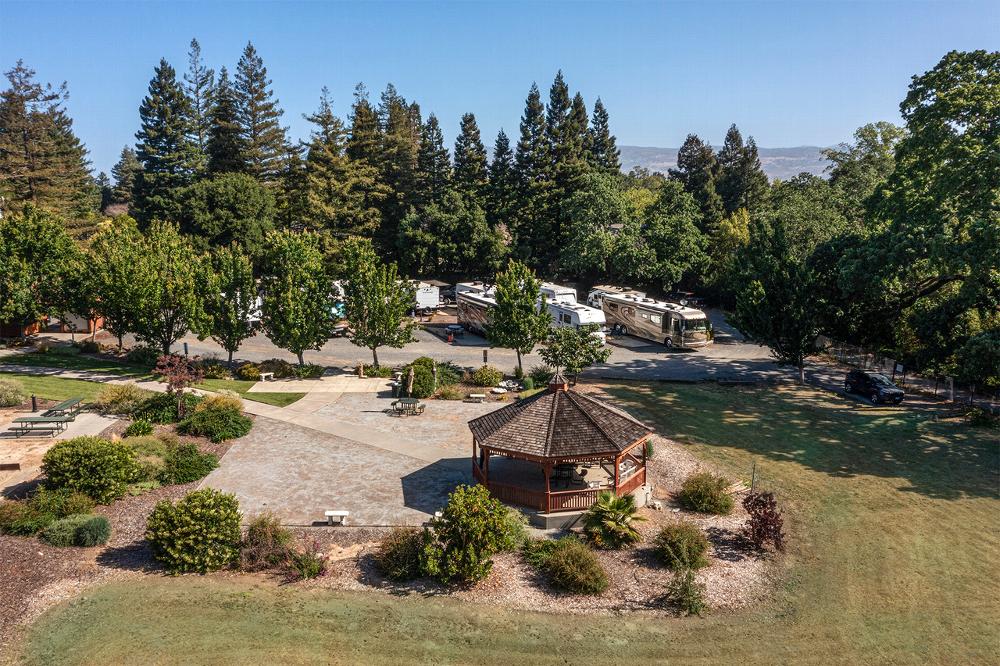 View of back of Lodge looking at the gazebo and RV park.