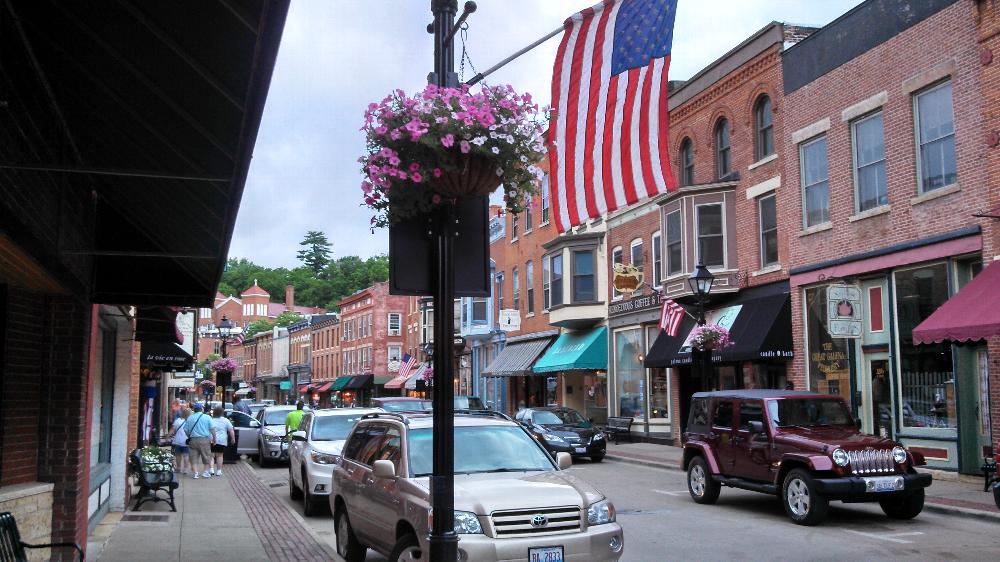 VIew of downtown Galena from the Lodge front door, facing south.  Downtown Galena is a Historic Preservation District, circa 1830-1890.