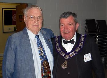 For February 2013's PER night, MEA President John Nicholson joined us, and even helped, standing in as Inner Guard for the evening.
John is shown here with one of Bath's two Past State Presidents, Paul Adams (1995-96)