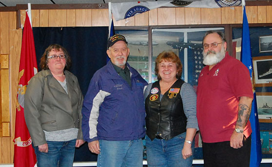 Bath's Veterans Committee delivers their donation to the Topsham American Legion post's "Legion Riders", to benefit Maine's homeless Vets.
Pictured L to R: Deb Irish, Chuck Billings, Kay Bouchard and Leon "Mac" McCreary.
Kay is the leader of Topsham's Legion Riders.