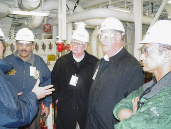 GER "Jack" Frost and PGER Amos McCallum, accompanied by PGLIG Roger Sicard and ME-Coastal DDGER Luis Morales, tour the Guided-Missile Destroyer USS GRIDLEY, being built by BATH IRON WORKS, in Bath, ME.