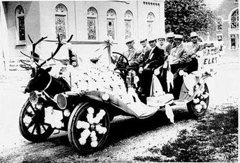 Macon Elk members in 1910 Mexico, Mo Elks parade.Front seat left-right Harry Rubey,Luke Hunckle, Right middle R. Carr, Roy Fox,Back center Dan Hughes, Chas Bennett, Andy Romjue