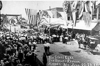 Missouri State Elks 2nd Annual Reunion looking south on Rollins street from the corner of Vine and Rollins. 