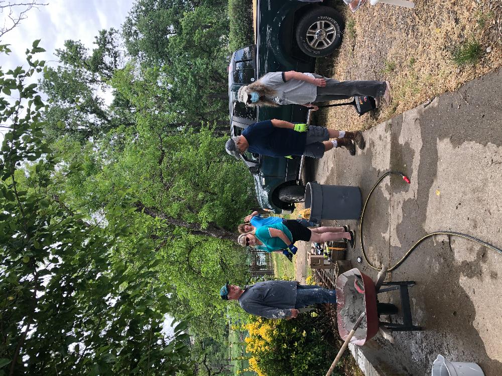 Elky-Doers repairing the block wall on the path to the river trail. Jim Schlueter, Jodi Stone, Debbie Schlueter, Pat Stone & Christine Ellis