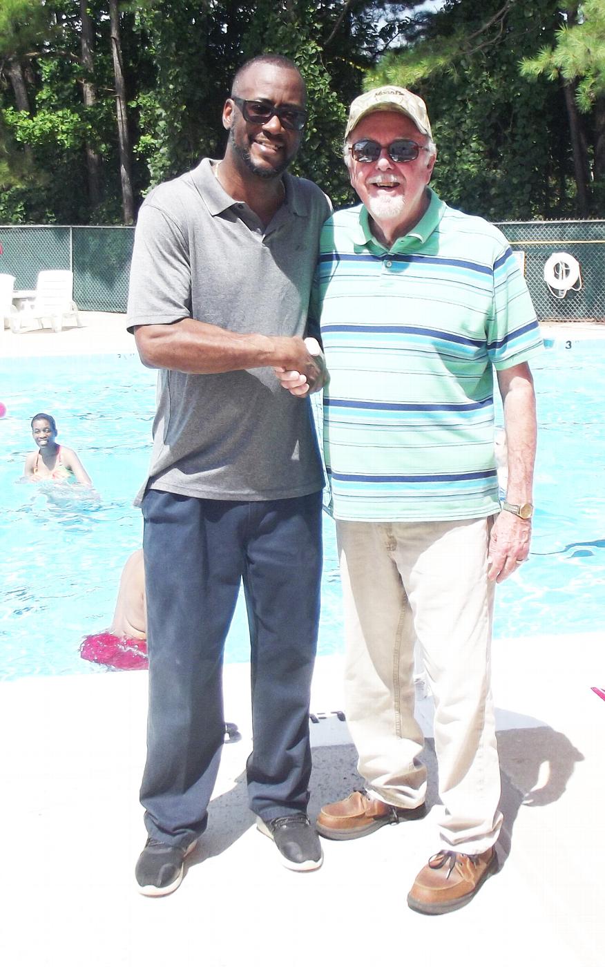 CREST Home Director Kelvin Harney (L) with PER Phil Saunders (R)...Elks Hosted Pool Party & Cookout for Disabled Residents 