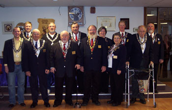 2012 - 2013 Klamath Falls Officer InstallationFront row left to right is Tiler Steve Erdman, Trustee Andy Jones, Inner Guard Jim Witt, Exalted Ruler Greg
Reddell, Trustee PER Donna Baccelli, and Chaplain Jesse Barker. Second row left to right is Treasurer PDDGER Mike Spencer, Trustee Chuck Reed, Lecturing Knight PER Larry Johnson, Secretary Ivy
Bruce, Leading Knight Nate Hoffman, and Loyal Knight Steve Whiteside.