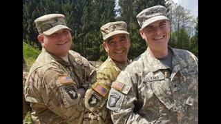 <center>Sgt. Alex Arredondo with a couple of buddies in Grafenwohr, Germany is a Medic with the 101st Airborne, 2016.