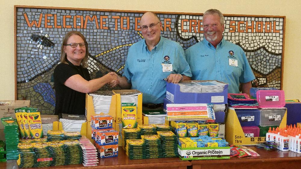 2017 Gratitude Grant - Bear Creek School:
pictured L to r; Principal Anissa Wisemen, Gary Lisignoli ER, Dave Lovik Chairman along with supplies donated with funds from Gratitude Grant and member donations.