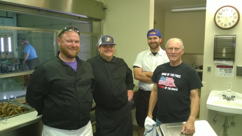 Dedicated kitchen crew preparing breakfast for veterans.  Bend Elks Lodge BEACON GRANT proceeds used to provide breakfast & sack lunches for the event. Left to Right in picture: Matt, Aaron, Sterling and Roger.  Thanks guys.  Your efforts are very appreciated by all.