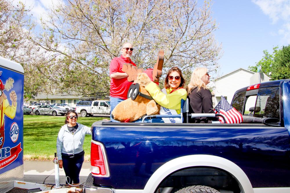 2026 Nampa Americana Parade. Elks entry was the Drug Awareness trailer. 
Kathleen Willson, Russ & Carol Maynor, Kari Wallace.  Earl Wallace pulled the trailer.