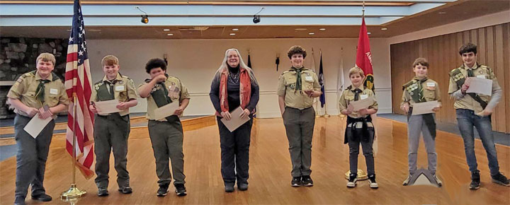 JilMac on March 28, 2023 at Troop 405’s Fund-Raising Spaghetti Dinner.  Awarded 7 Arrow of Light certificates and an American Flag to the scouts.
