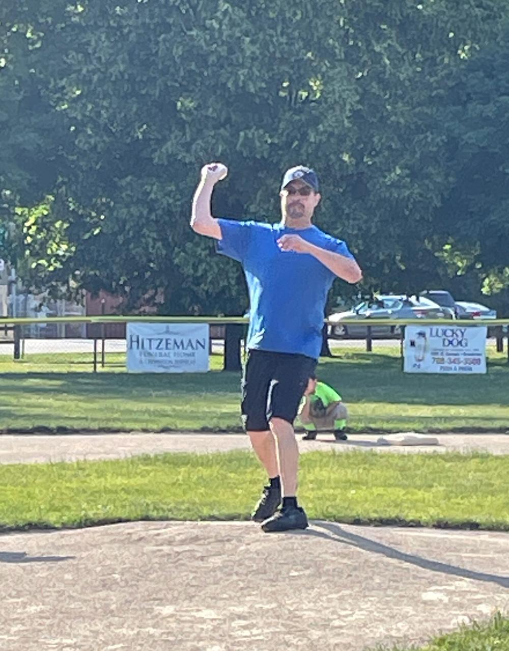 Billy Rodriguez showing good pitching form at Flag Recognition at little game June 2021.