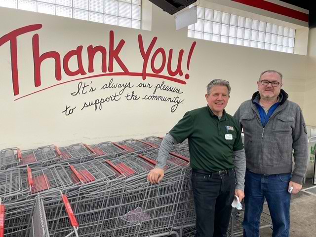 April 2021 - Dennis Tischler (left) of Tischler Finer Foods and Rob Rolewicz of the Brookfield Elks have partnered to deliver food baskets to more than 100 clients of BEDS Plus, helping that organization feed the food- and housing-insecure in the area. 