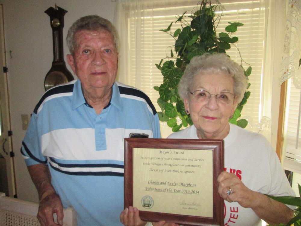 Veterans.  Royal Care of Avon Park Rehabilitation &  Nursing Center held the annual luncheon for their volunteers on Monday.   It was a very, very special day for Bert and Evelyn Marple. The Mayor of Avon Park, Sharon Schuler, was in attendance and presented the Marples a plaque with the following inscription. " Mayor's Award in Recognition of your Compassion and Service to the Veterans throughout our community;   "The City of Avon Park recognizes Charles and Evelyn Marple as Volunteers of the Year 2013-2014."   What a prestigious  award to receive!  Bert and Evelyn you are certainly deserving of this recognition -  we are all so proud of you.  