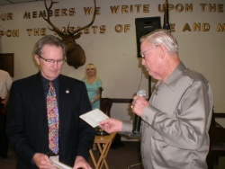 Sebring Elks #1529 have set up a Scholarship fund at the South Florida Community College.  Pictured here is ER Claude Howerton presenting a $1,000.00 check to CFRE Donald Appelquist from SFCC.  The Sebring Elks are proud to state that this year we were able to present two $1,000.00 scholarships to a local girl and boy.  Donald gave a very informative talk to our members regarding the back grounds of the two recipients and thanked the Elks for their generosity.
