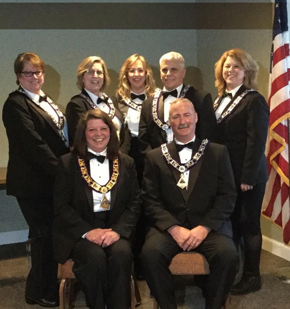 2018-2019 Officer Team  Barb Watters, ER; Frank Hotaling Leading Knight; Beth McTear, Tiler; Cindy Wedding, Esquire; Kimberly Baker, Loyal Knight; Phil Delia Lecturing Knight and Lori Major, Chaplin. 