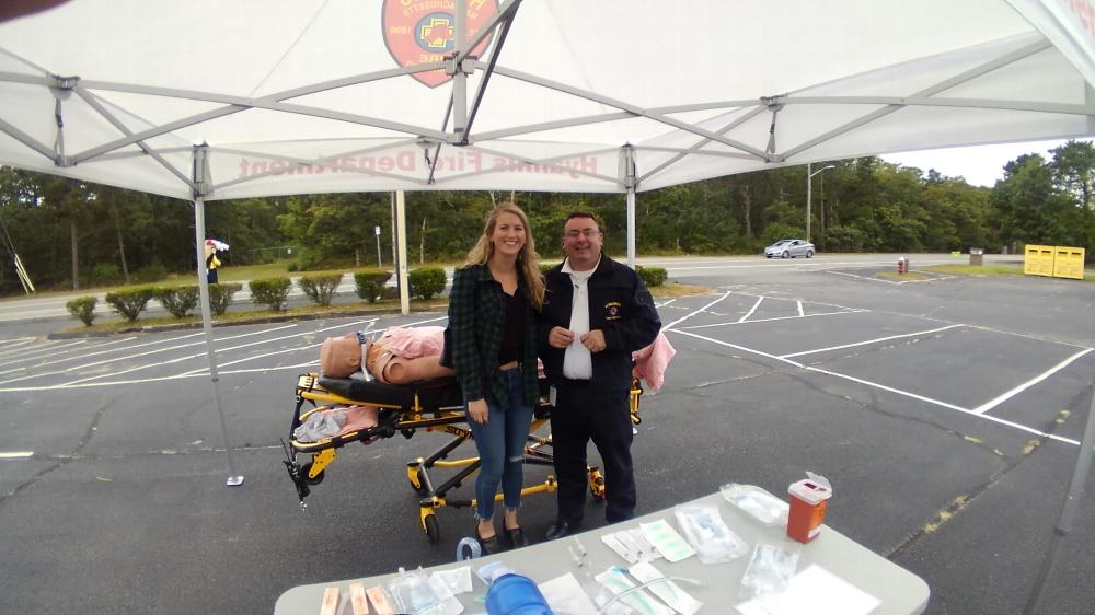 Brit Reney with EMS Supervisor Michael Medeiros of the Hyannis Fire Department. He did numerous demonstrations on how to administer Narcan when someone is overdosed on opioids. Narcan is saving lives. However, education is the key to stop the incidents of opioid use on Cape Cod. 