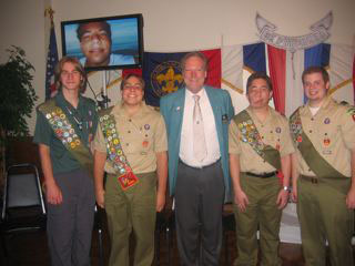 Americanism Chairman Bob Gaun with Eagle Scouts Richard Zelman, Marc DeBlasio, Eric Schwartz and Christopher Eckenrod