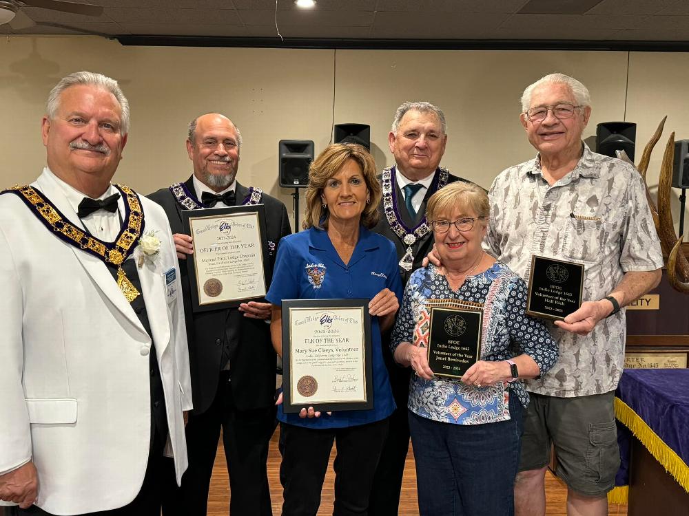 Congrats to our 2024 Award winners! Pictured L-R, DDGER Bob Simindich, Officer of the Year Chaplain Mike Piltz, Elk of the Year Mary Claeys, Exalted Ruler Richard Davis, Volunteers of the Year Janet Benevidez and Hall Rich.