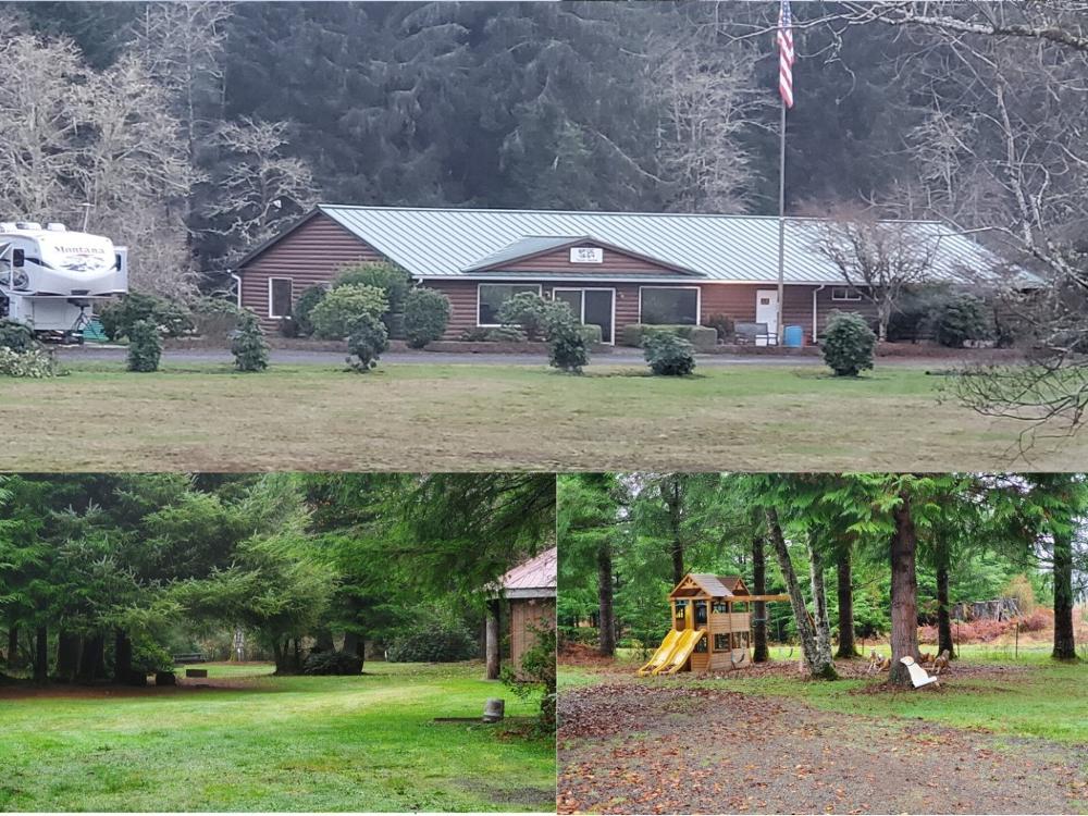 Lodge building, upper gazebo area, and kids play area at our campground on the Siletz River