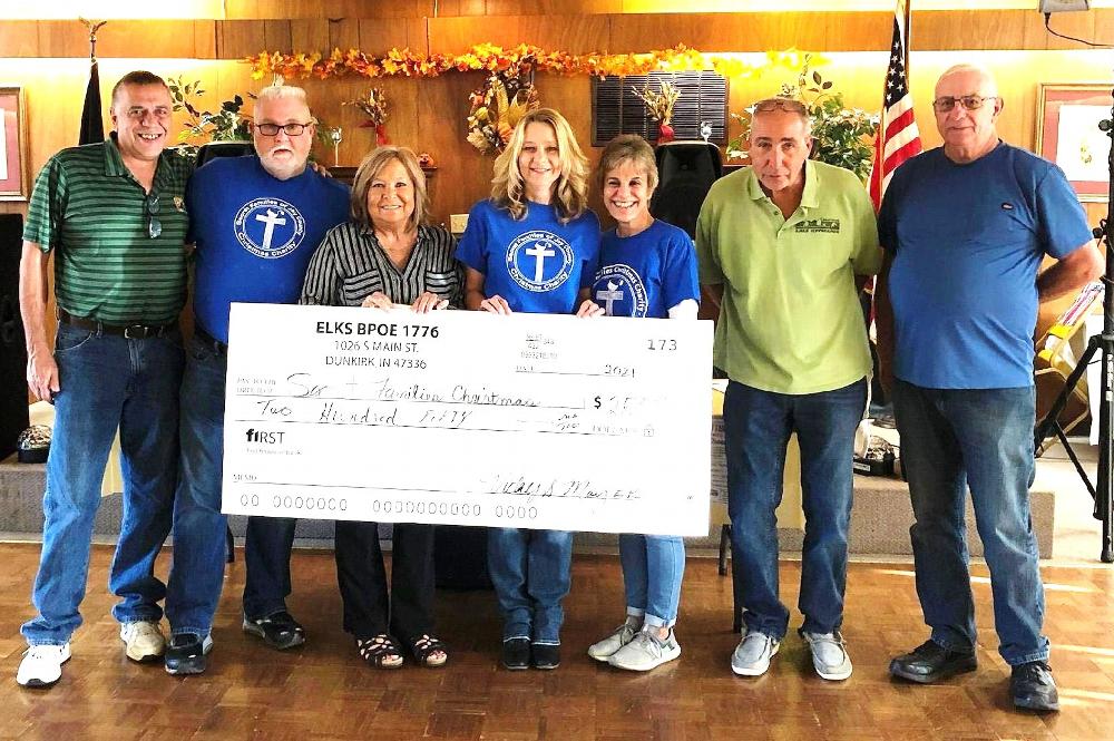 The Dunkirk Elks Lodge 1776 donated a $250 check to the Secret Families Christmas Charity organization on November 6th, 2021 ... 
Left to right in the photo:  Dan Watson - Butch Cook - Vicky May ER - Connie Knight - Kris Cook - Bob Ford PER - Joe Sommers PER ... 
The Secret Families Christmas Charity Breakfast Benefit generated in excess of $1,300.00 for the charity, and the Benefit for Steve Fennig raised over $1,300.00.  The breakfast was prepared by Butch & Kris Cook