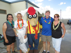 Maria Sanchez, Fred La Marca, Elroy, NMEA Vice President Larry Curtis and Exalted Ruler Christine Ortiz. La Marca, swimming instructor and pool manager, was recognized for his 40+ years of service to local youth.