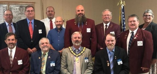 Middle Tennessee District Deputy Mack Kidd, his auditor Billy Locker and Esquire Alric Crouch, posed with Lodge officers during their DD Visit October 1, 2019.