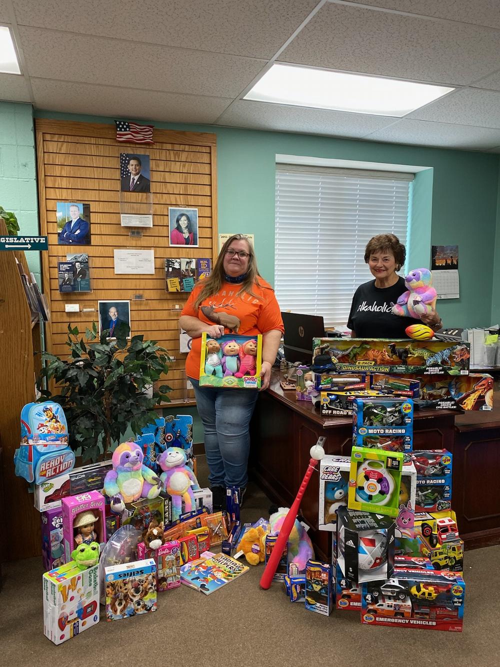Elks Kelliey Matthews and Joyce Bryant Donating Toys to City of Banning for distribution.