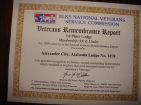 Elks National Veterans Service Commision - Alexander City Elks Lodge #1878 - 1st Place Membership 300 and under