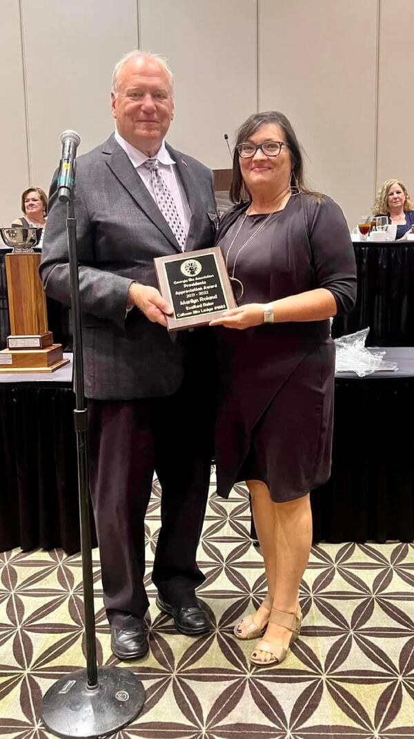 Congratulation to Marilyn Lusk Roland for receiving the Georgia Elks Association’s Presidents Appreciation Award for her term as Exalted Ruler of the Calhoun Elks Lodge in 2021-22.