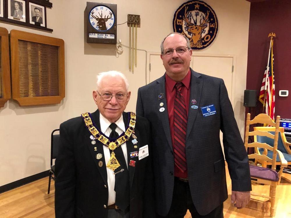 
IMG_0563.jpg (689 KB)
Meet your new Exalted Ruler William [Bill] Lakers (2019-2020) and 1st State Vice President Ronald [Ron] Carpenter.

This was the first visit to our lodge from the 1st Vice President.
