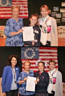 Pictured in the top photo is the first place winner of this years Americanism Essay Contest for Division l ( 5th & 6th graders).  The title of the essay was 
“What Makes You Proud of America".  The first place winner, in the center, is Kennedi Seeber from St Ann’s Catholic School and she received a $100 prize from the Naples Elks Lodge #2010.  Pictured with Kennedi on the left is Anna Marie Honan, Lodge Americanism Chair and on the right is Assistant Principal Mrs. Rebecca Meinert.

Pictured in bottom photo is the first place winner of Division ll, 7th & 8th graders, also from St Ann’s is Karola Scancella. She also was awarded $100 from the Lodge and is pictured left to right with Mrs. Gina Groch, Principal, Anna Marie Honan, Lodge Americanism Chair, Karola Scancella, and Mrs. Rebecca Meinert, Asst. Principal.