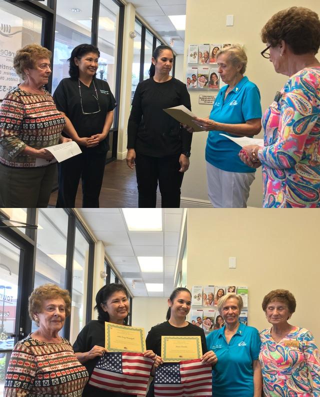 Wednesday, October 16th, two new citizens were honored with a certificate and flag for their efforts in becoming a citizen of the United States. Pictured below from left to right are Darlene Plog, Americanism Committee member, Julia Geng-Threadgill and Dania Corcoba our new citizens, Anna Marie Honan, Americanism Chair and Diana Brubaker, Committee member.  The presentation took place at their place of business,
